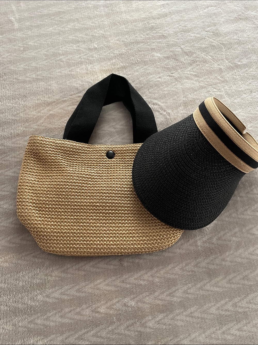 Brand New!  Woven Straw Tote with Black Strap and Matching Black Visor
